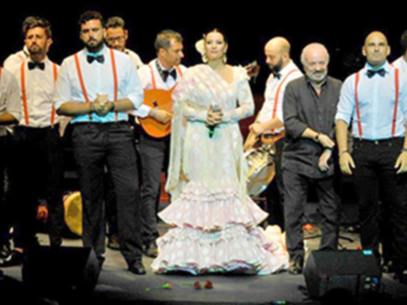 Una escena de un espectáculo flamenco con una bailarina en el centro y un grupo de músicos detrás de ella.