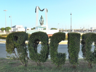 Un gran escudo con la imagen de la Virgen María en el centro, rodeado por un parque con árboles y una carretera circular.