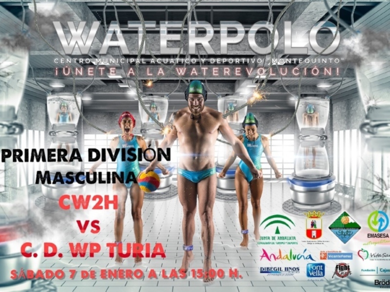 Una imagen promocional de un evento de waterpolo masculino en el centro municipal de agua y deporte Montequinto, con fecha y hora específicas del 7 de enero de 2023 a las 15:00 horas.