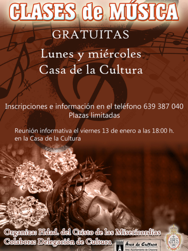 Clases gratuitas de música en la Casa de la Cultura, inscripciones e información en el teléfono 639 387 040, reunión informativa el viernes 13 de enero a las 18:00 h.