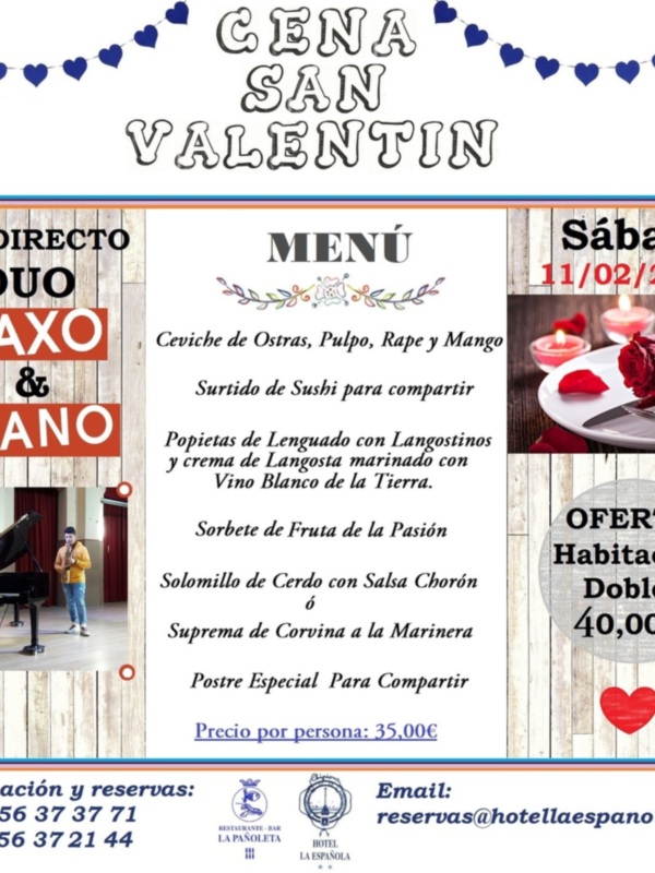 Menú especial con salsa chorón y vino blanco para celebrar San Valentín en La Pañuela. Oferta doble para 40€. Reservas: 956 37 37 71 o reservas@hotellaaespanola.com.
