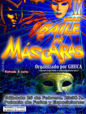 Invitación al III Gran Baile de Máscaras. Entrada 5 euros. Sábado 25 de febrero, 23:30 h. Palacio de Ferias y Exposiciones de Chipiona.