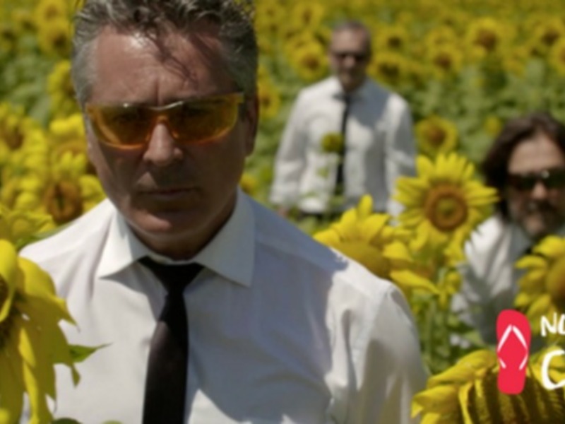 Un hombre en un campo de girasoles con un logo de chanclas en la parte inferior derecha.
