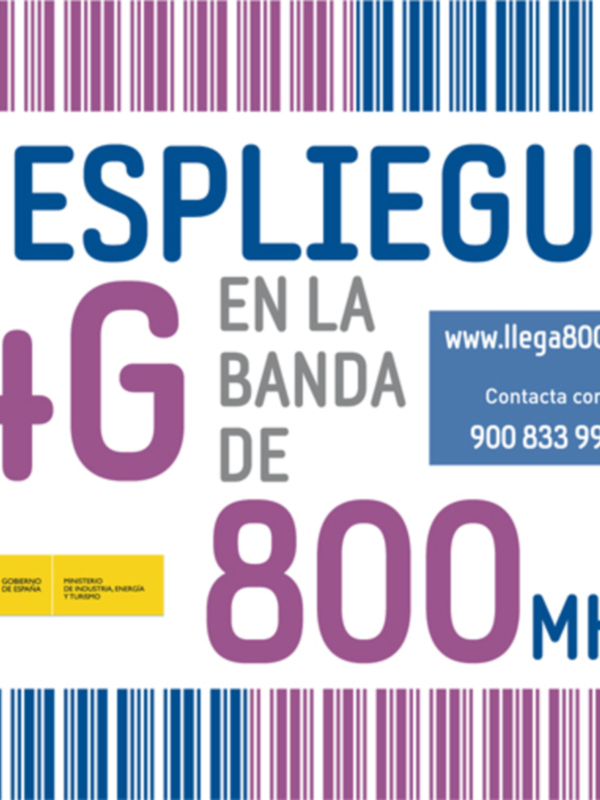 Anuncio de 4G en la banda de 800 MHz con información de contacto y sitio web.
