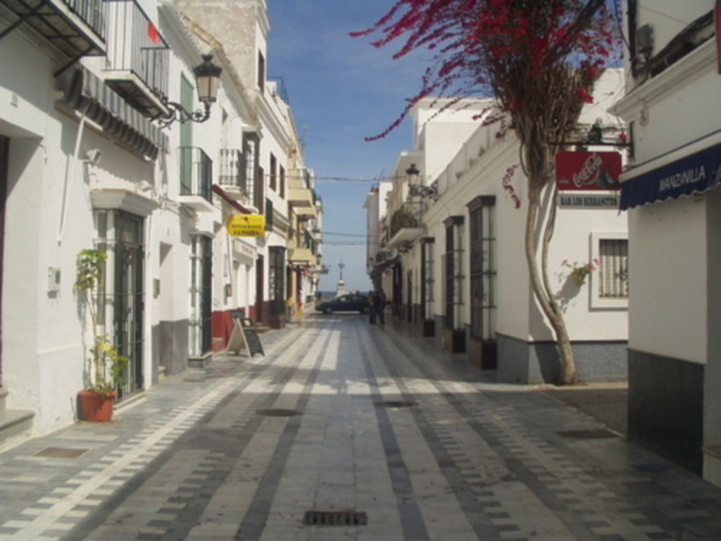 Elegante calle blanca con edificios blancos y azules, árboles frondosos en la esquina.