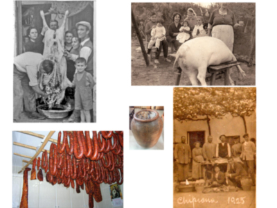 Una serie de fotografías antiguas que representan la práctica tradicional de matanza de cochinos en las casas. Las fotos incluyen a personas participando en la matanza, cerdos colgados para secar y un recipiente de barro. La fecha 1925 se menciona en una foto, indicando la antigüedad de las imágenes. El texto superior proporciona contexto sobre cómo era común esta práctica en ese momento.