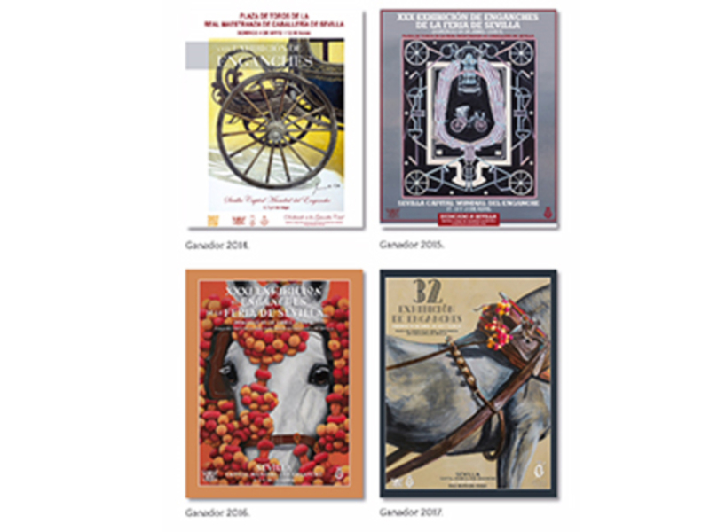 Carteles de la Feria de Sevilla, con diseños artísticos que representan la historia y tradición de la feria.