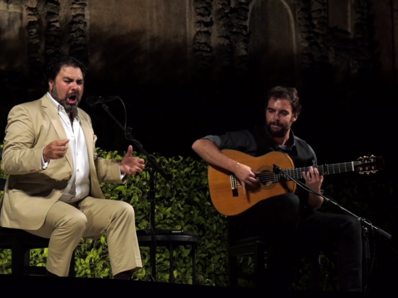 Dos músicos en un escenario, uno con una guitarra acústica y el otro cantando. La imagen transmite un ambiente de concierto o actuación musical en una atmósfera cálida y acogedora.