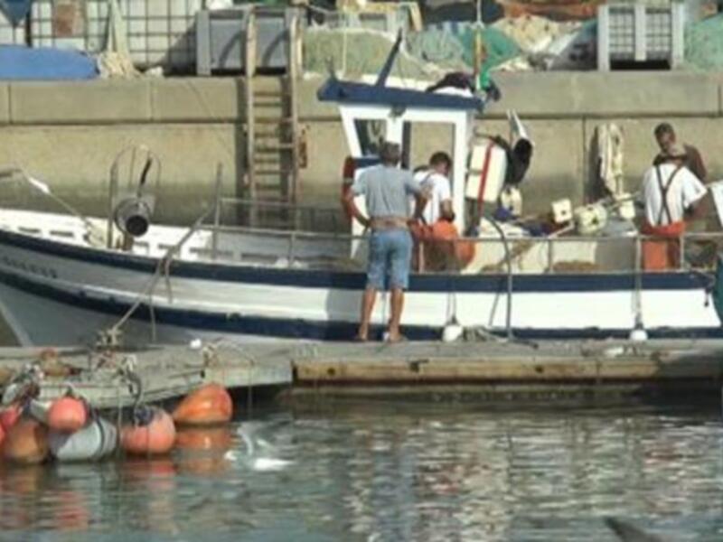 Barcos amarrados en un muelle con personas observando. Fondo de agua y estructuras urbanas.
