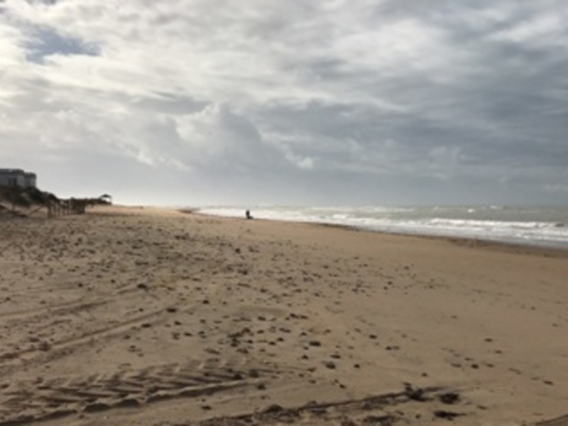 Una tranquila playa con arena suave y líneas de agua que se extienden hacia el horizonte, rodeada por un cielo nublado.
