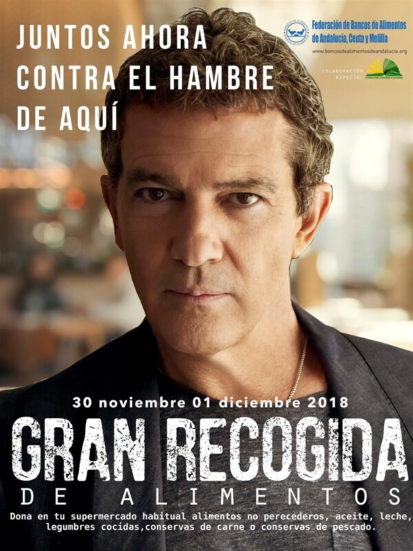 "Juntos ahora contra el hambre de aquí. 30 noviembre - 1 diciembre 2018. Gran recogida de alimentos. Dona en tu supermercado habitual: alimentos no perdonados, aceite, leche, legumbres cocidas y conservas de carne o pescado."