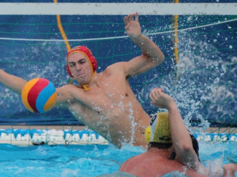 Jugadores de waterpolo en acción, con un jugador con casco rojo y amarillo en el centro y otro en el fondo, ambos en el agua con la pelota.