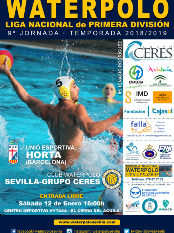 Cartel informativo de la 9ª Jornada de la Liga Nacional de Primera División de Waterpolo, temporada 2018/2019. Evento en el Centro Deportivo Hyta, El Cerro del Águila, Sevilla. Entrada libre. Sábado 12 de Enero a las 16:00h. Información en www.waterpolosevilla.com