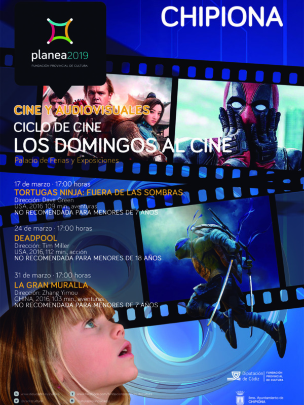 Ciclo de cine en Chipiona, con películas como Tortugas Ninja: Fuera de las sombras, Deadpool y La Gran Muralla. Programación en el Palacio de Ferias y Exposiciones.