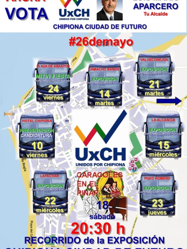 Mapa de la exposición UxCH en Chipiona, con detalles de horarios y eventos.