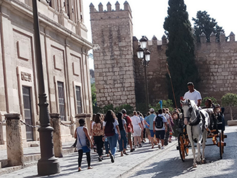Un grupo de personas camina por una calle con un hombre montando a un caballo. A la izquierda, hay una fachada de piedra con ventanas y un portalón. En el fondo se observa una torre de piedra y un árbol alto. La imagen sugiere un entorno histórico o urbano de estilo mediterráneo.