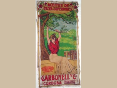 Cartel publicitario de aceites de oliva superiores Carbonell y Cía., con una mujer en un vestido rojo sosteniendo ramas de olivo.