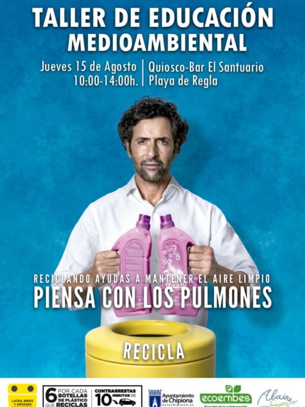Taller de Educación Medioambiental. Jueves 15 de Agosto, 10:00-14:00h, Quiosco-Bar El Santuario, Playa de Regla. Recicla para mantener el aire limpio.