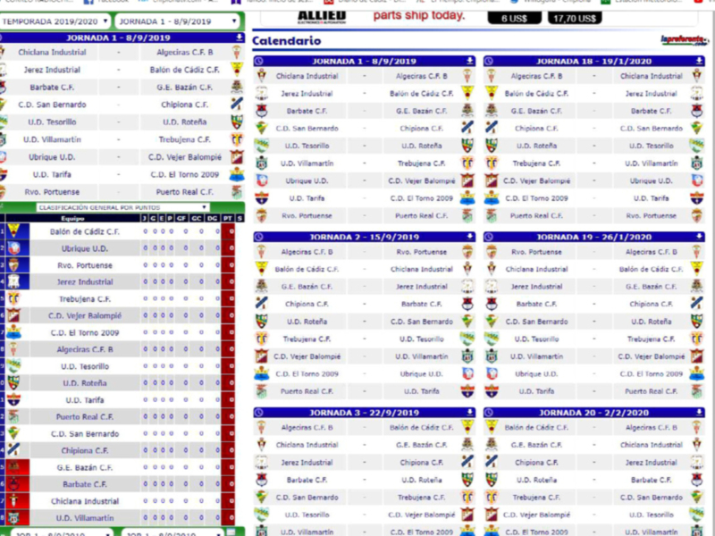 Calendario de la Temporada 2019/2020 con resultados de las Jornadas 1 a 20.