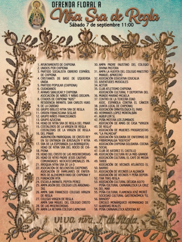 Ofrenda floral a Ntra. Sra. de Regla, sábado 7 de septiembre a las 11:00. Incluye adornos y ofrendas de diversas asociaciones religiosas y culturales.