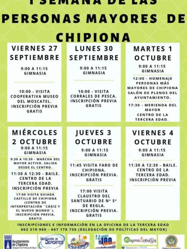 I Semana de las Personas Mayores en Chipiona. Actividades desde el 27 de septiembre hasta el 4 de octubre en gimnasia, visita al centro de la tercera edad y más.
