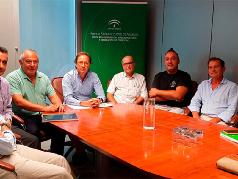 Grupo de personas reunidas en una sala de conferencias, con una bandera de la Agencia Pública de Puertos de Andalucía en el fondo.