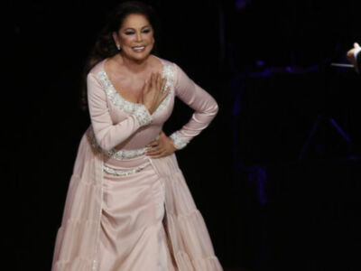 A una mujer en un vestido rosa brillante, posiblemente durante un concierto o evento público. La escena está iluminada con luces de fondo que crean un ambiente dramático y sofisticado.
