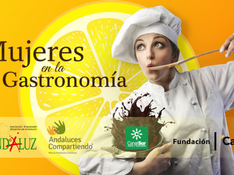 Una chef en un anuncio gastronómico con un limón y varios logos de empresas y fundaciones.