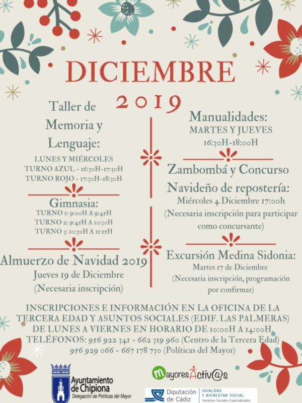 Cartel navideño con actividades como talleres, gimnasia, manualidades y concursos en Chipiona, 2019.