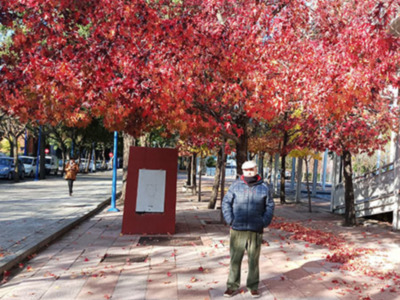 Un hombre con una chaqueta azul y pantalones verdes se encuentra en un camino de adoquines rodeado por árboles con hojas rojas y caídas. La escena está iluminada por el sol, creando sombras en el suelo.