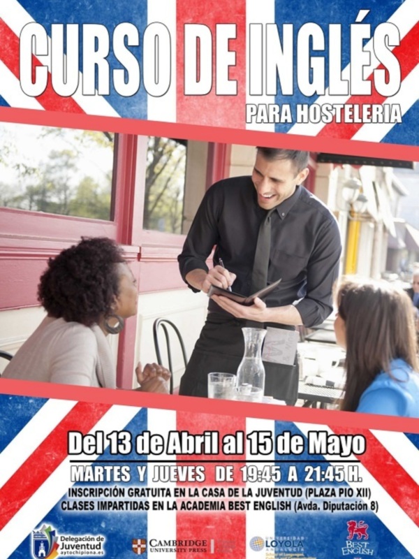 Cartel informativo sobre un curso de inglés para la hostelería en la Casa de la Juventud, con fechas del 13 de abril al 15 de mayo, clases los martes y jueves de 19:45 a 21:45, inscripción gratuita en la Casa de la Juventud (Plaza Pío XII).
