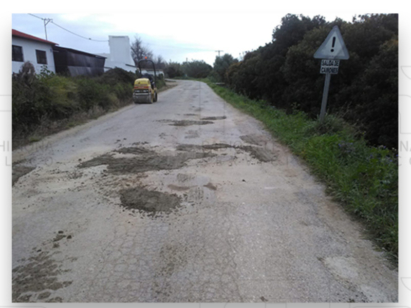 Carretera rural con baches y señal de peligro, cerca de una casa y vegetación.