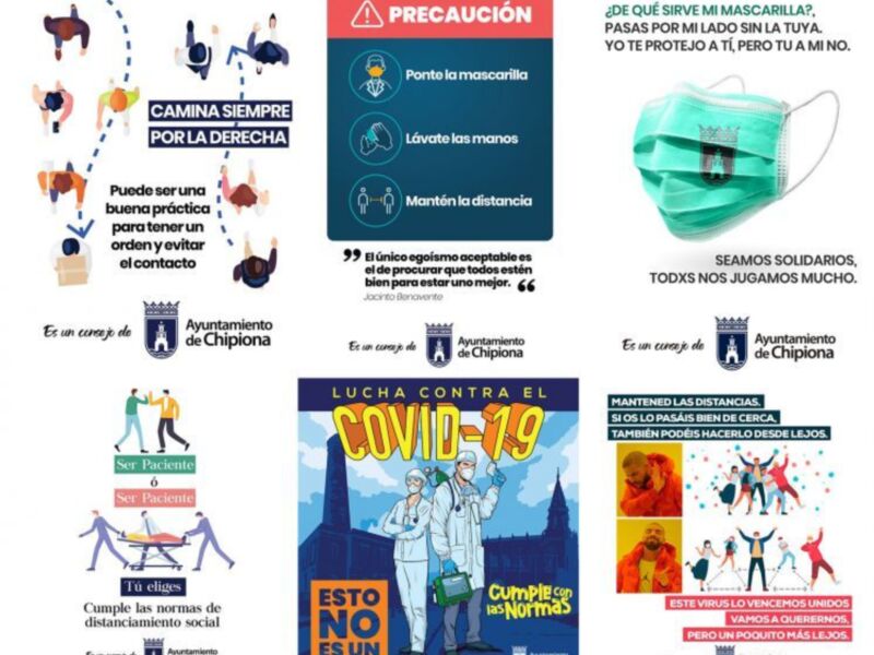Una campaña informativa del Ayuntamiento de Chipiona sobre prevención del COVID-19, incluyendo medidas como usar mascarillas, lavarse las manos y mantener la distancia social.