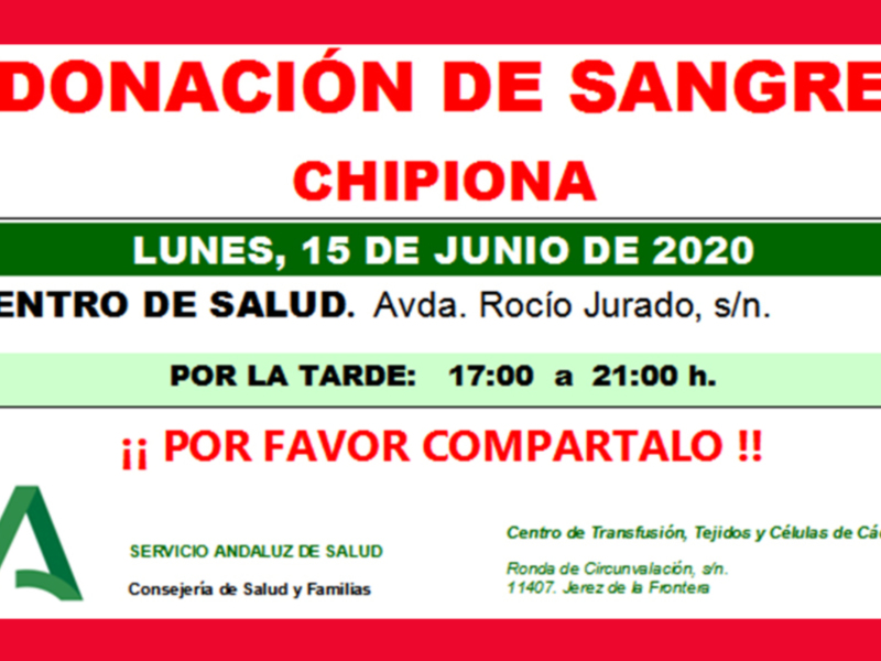 Lunes, 15 de junio de 2020. Centro de Salud Avda. Rocío Jurado, s/n. Por la tarde: 17:00 a 21:00 h.