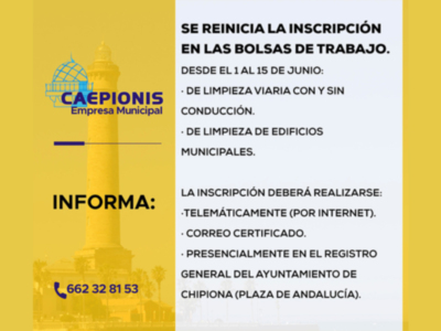  El lunes 15 acaba el plazo para la inscripción en la bolsa de trabajo de la Empresa Municipal Caepionis 