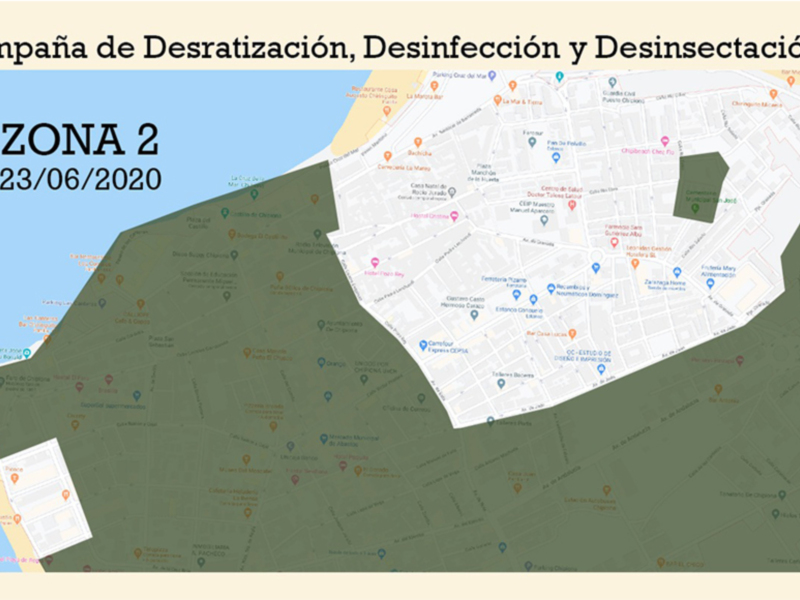 Mapa de la Zona 2 con puntos indicativos para una campaña de desratización, desinfección y desinsectación en la ciudad. Fecha: 23/06/2020.