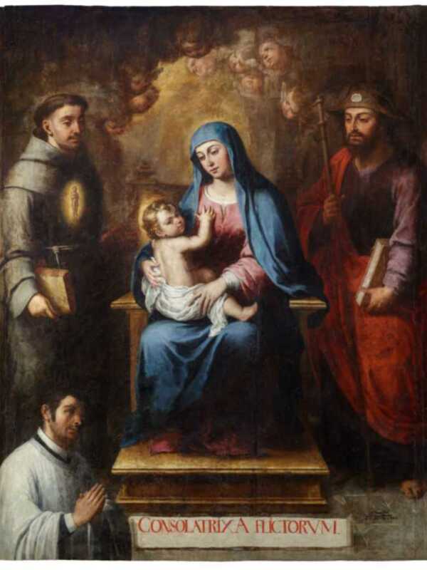 Imaginación de la Virgen María con el Niño Jesús, flanqueada por dos personajes, uno de ellos orando, en un contexto religioso.