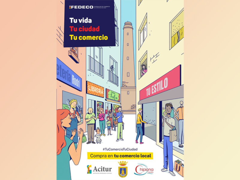 Cartel de FeDECO promoviendo el comercio local en Chipiona, con ilustraciones de personas y tiendas en un entorno urbano.