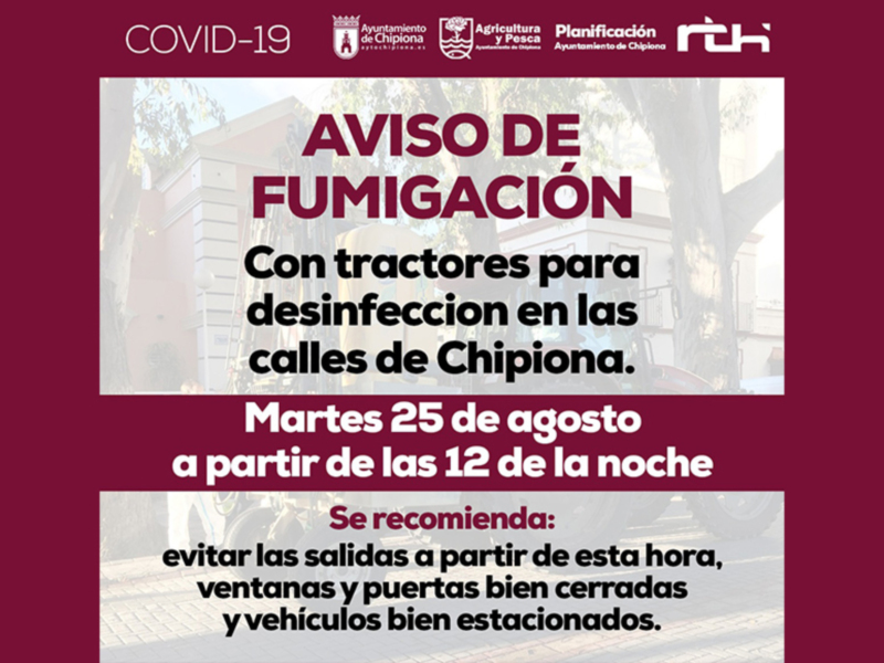 Este aviso de fumigación por COVID-19 en Chipiona, Cádiz, se llevará a cabo con tractores para desinfección en las calles de la ciudad. Se realizará el martes 25 de agosto a partir de las 12 de la noche. Se recomienda evitar salidas, ventanas y puertas bien cerradas durante esta hora para mantener la seguridad.