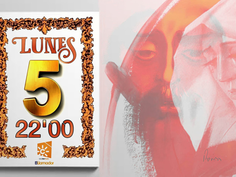 An ornate poster for 'Lunes 5' at 22:00, featuring a stylized illustration of a bearded figure.