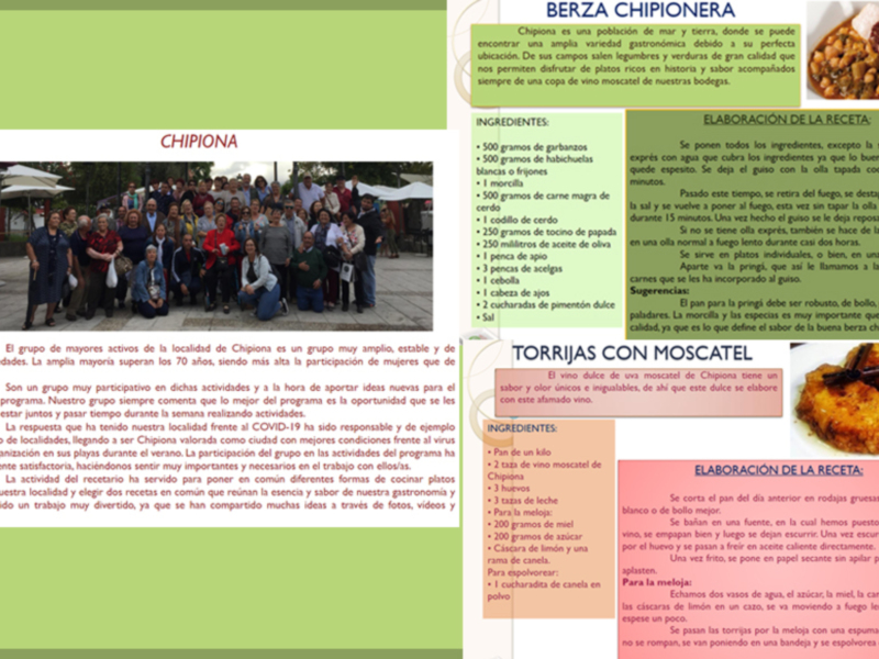 Se muestra una receta de "Chipiona", un plato típico de la región de Extremadura, España. La receta incluye ingredientes como garbanzos cocidos, pimientos rojos y verdes, cebolla, tomate, ajo, aceite de oliva, sal y pimentón. La elaboración se describe paso a paso, destacando la importancia de cocinar los garbanzos previamente y el uso de un horno para dorar la cebolla. La receta también menciona la preparación de una salsa con ajo y pimentón para acompañar el plato.