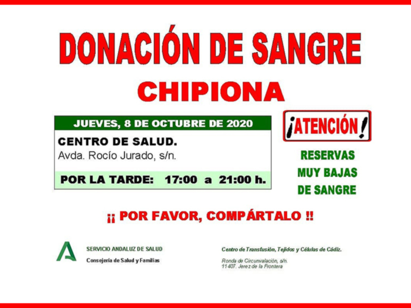 Convocatoria para donación de sangre en el Centro de Salud de Jerez de la Frontera, el jueves 8 de octubre de 2020, de 17:00 a 21:00 h. ¡Atención y compártelo!