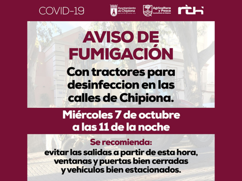 Aviso de fumigación y desinfección en Chipiona el miércoles 7 de octubre a las 11 de la noche. Evitar salidas y mantener ventanas y puertas cerradas.