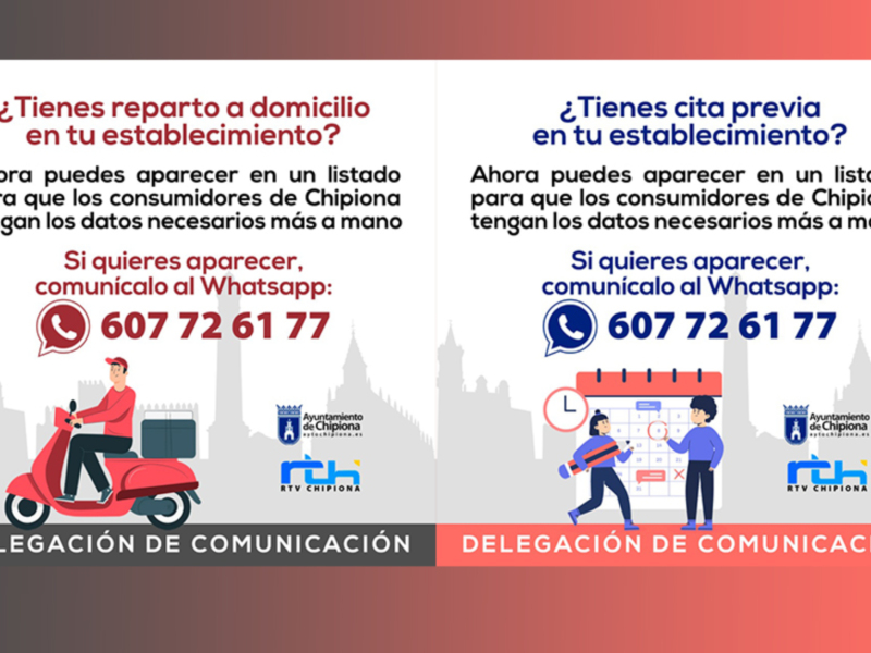 ¿Tienes reparto a domicilio en tu establecimiento? Ahora puedes aparecer en un listado para que los consumidores de Chipiona tengan los datos necesarios. Si quieres aparecer, comunícate al WhatsApp: 607 72 61 77.