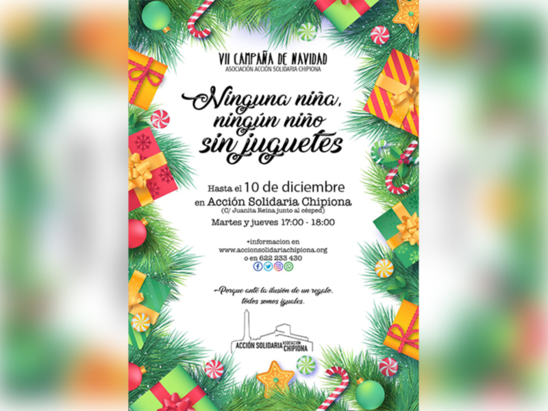 Cartel de la campaña navideña "Ninguna niña, ningún niño sin juguetes" en Acción Solidaria Chipoña. Evento del 10 de diciembre, martes y jueves de 17 a 18.