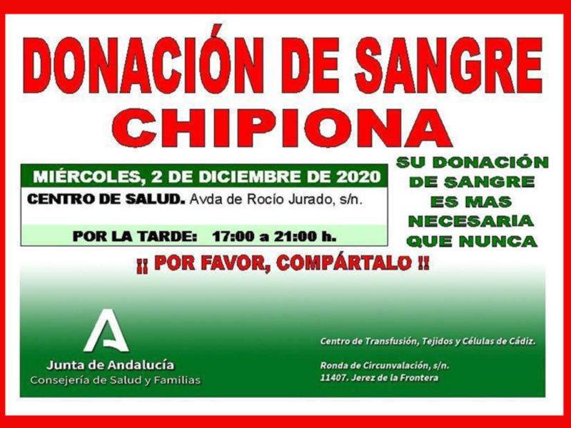 Donación de sangre en el Centro de Salud Avda. de Rocío Jurado, s/n. Miércoles 2 de diciembre de 2020, de 17:00 a 21:00 horas. Por favor, compártelo para salvar vidas.