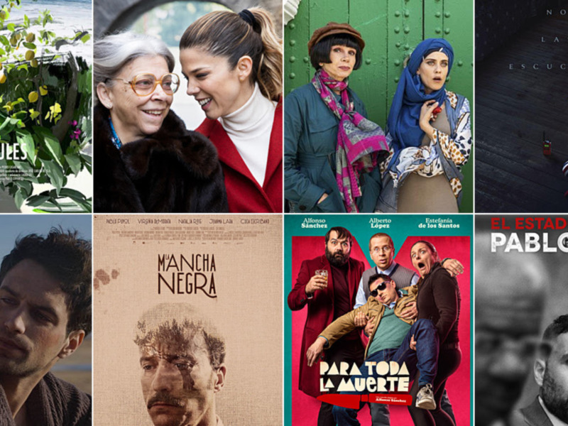 Una selección de posters y fotos de películas españolas, incluyendo "Los días azules", "Mancha Negra", y "El estado de Pablo contra Ibar".