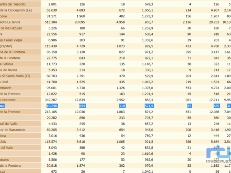 Una tabla de datos con información sobre ciudades y pueblos en España, incluyendo sus nombres, poblaciones (en miles de habitantes), y otras características. La tabla está organizada en columnas que representan diferentes tipos de datos, como población total y porcentaje de habitantes.