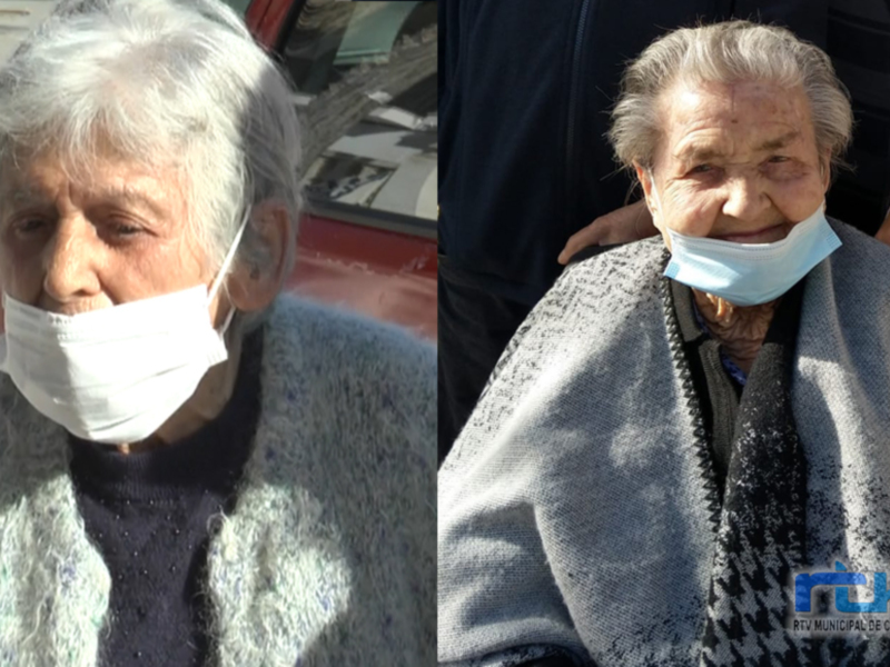 Dos imágenes de una anciana con cabello blanco y una máscara médica, posiblemente en un entorno urbano.