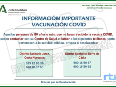Llamamiento a los mayores de 80 años de Chipiona pendientes de vacunar para que contacten con el centro de salud